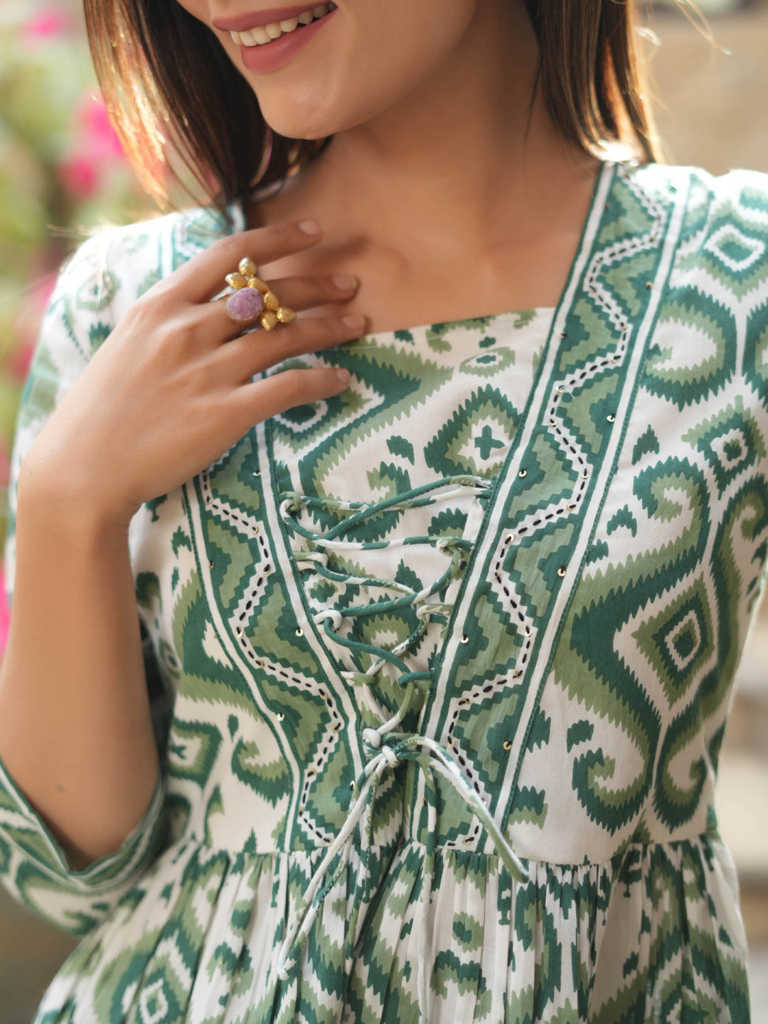 Green Bohemian Ikat Tunic Top