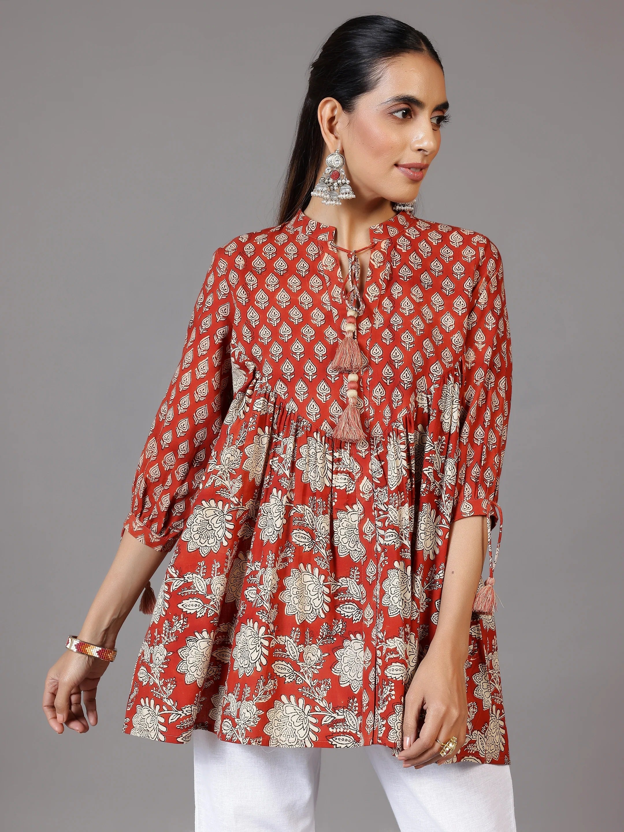 Rust printed Tie-up cotton kurti