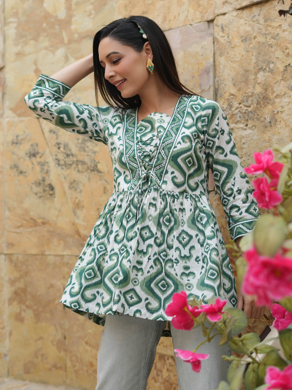 Green Bohemian Ikat Tunic Top