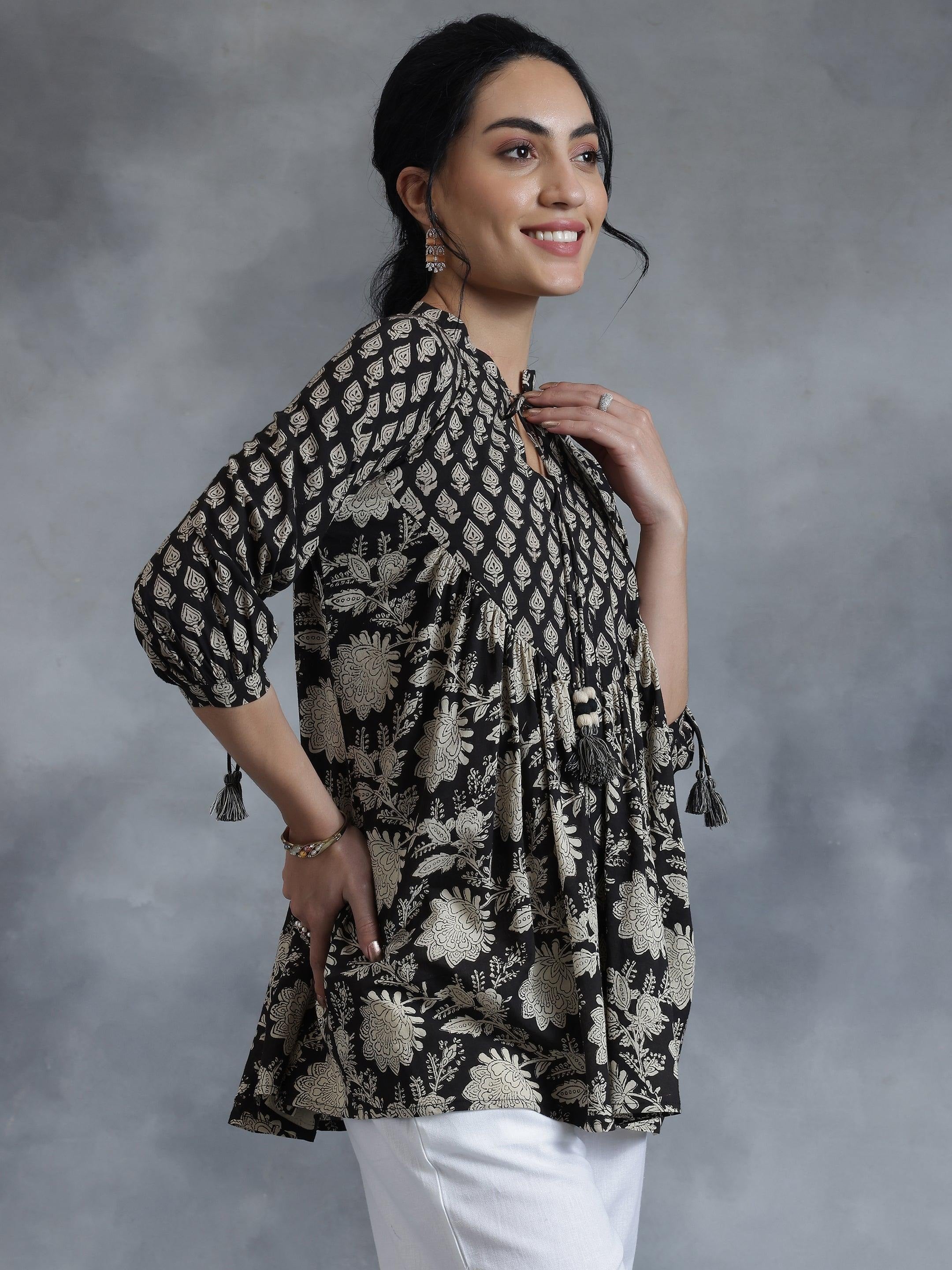 Black printed tie-up cotton kurti