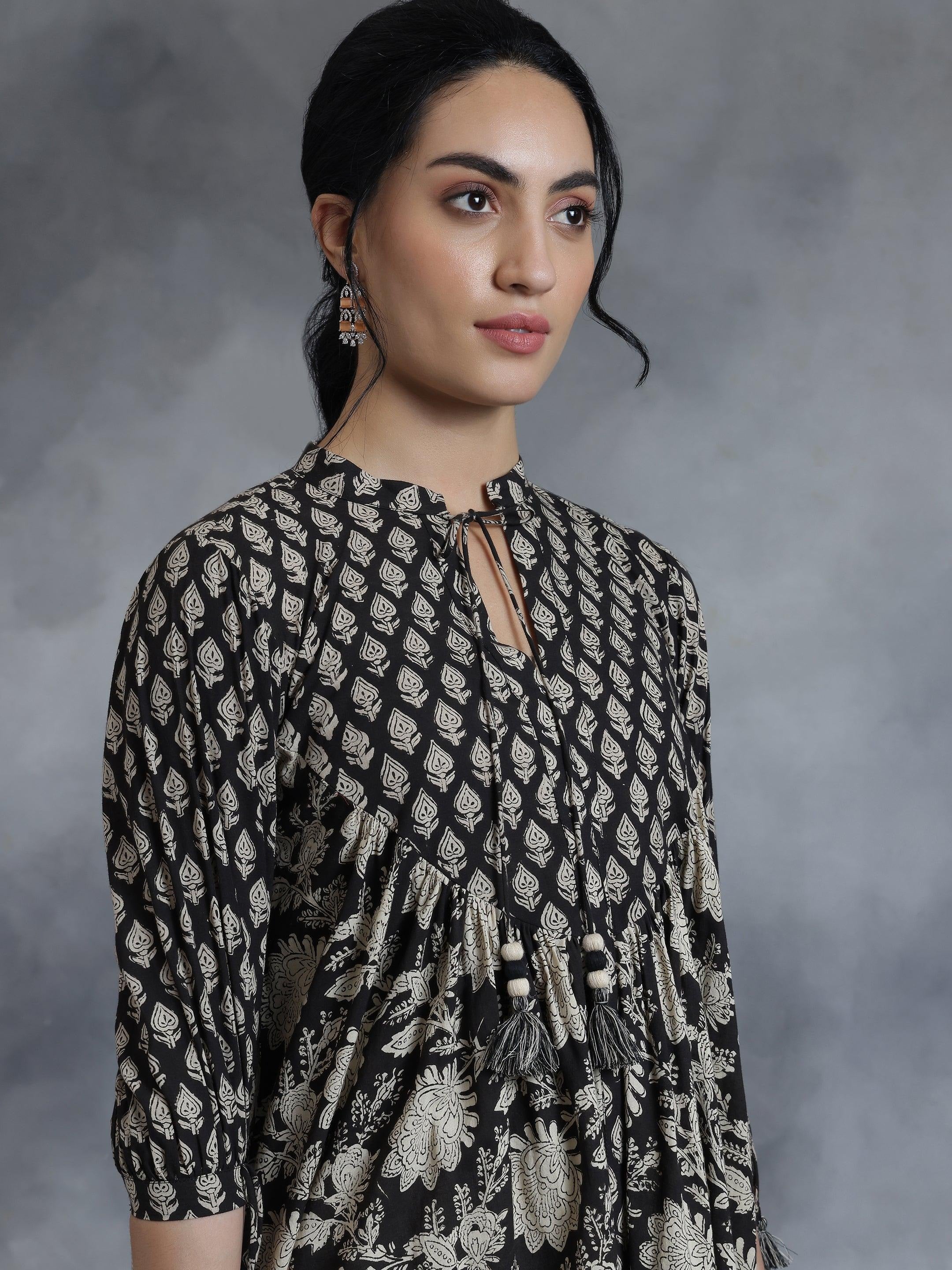 Black printed tie-up cotton kurti