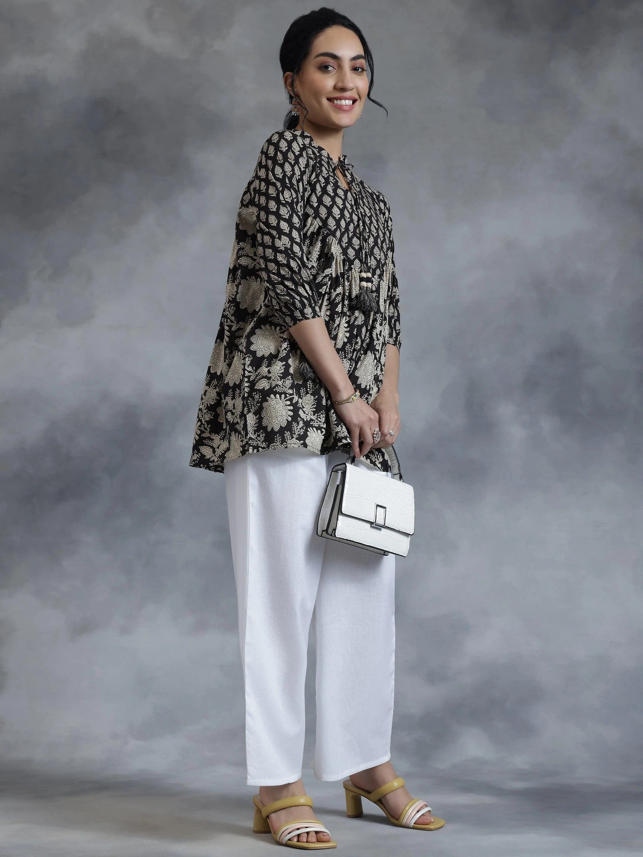 Black printed tie-up cotton kurti