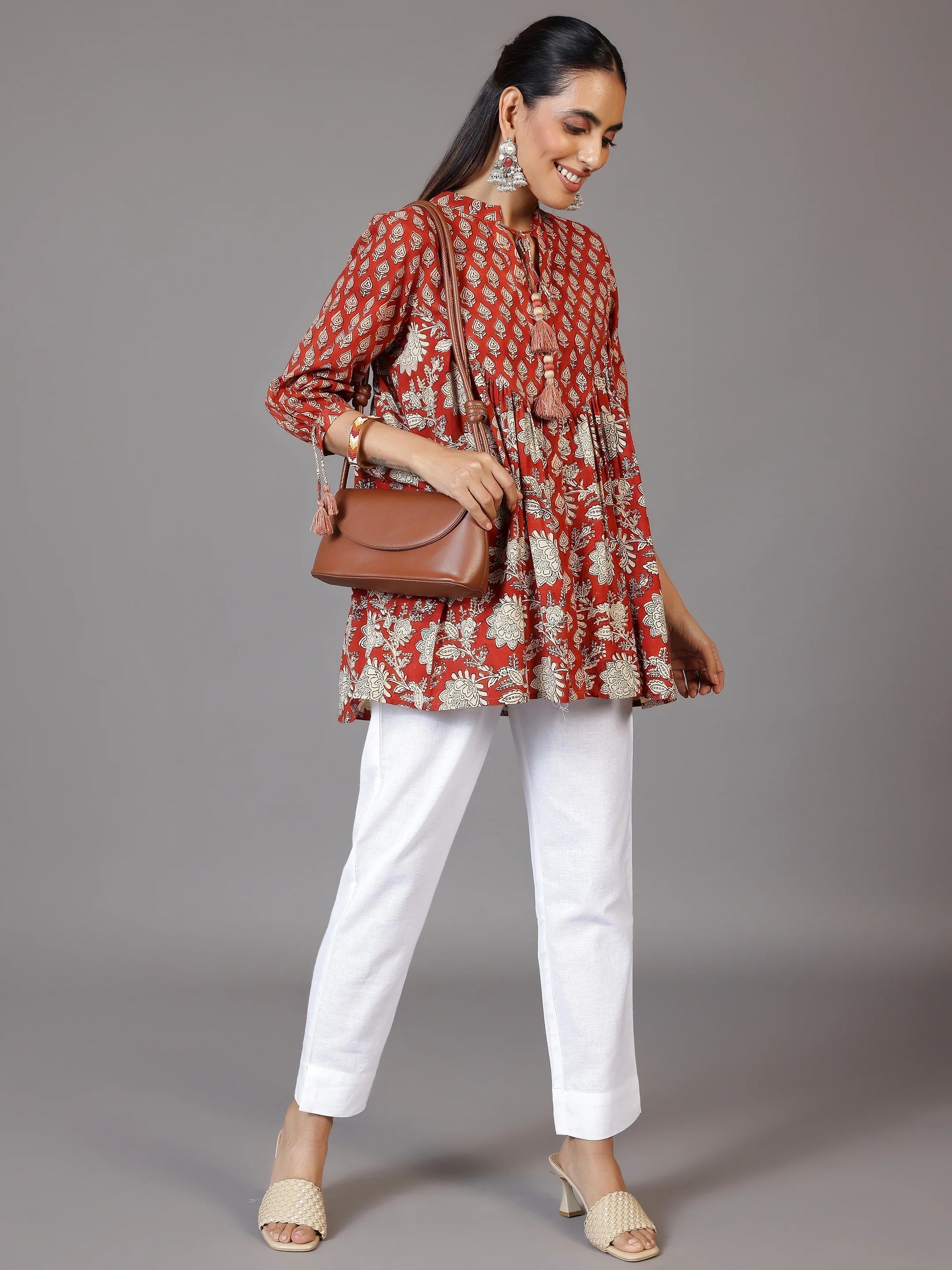 Rust printed Tie-up cotton kurti