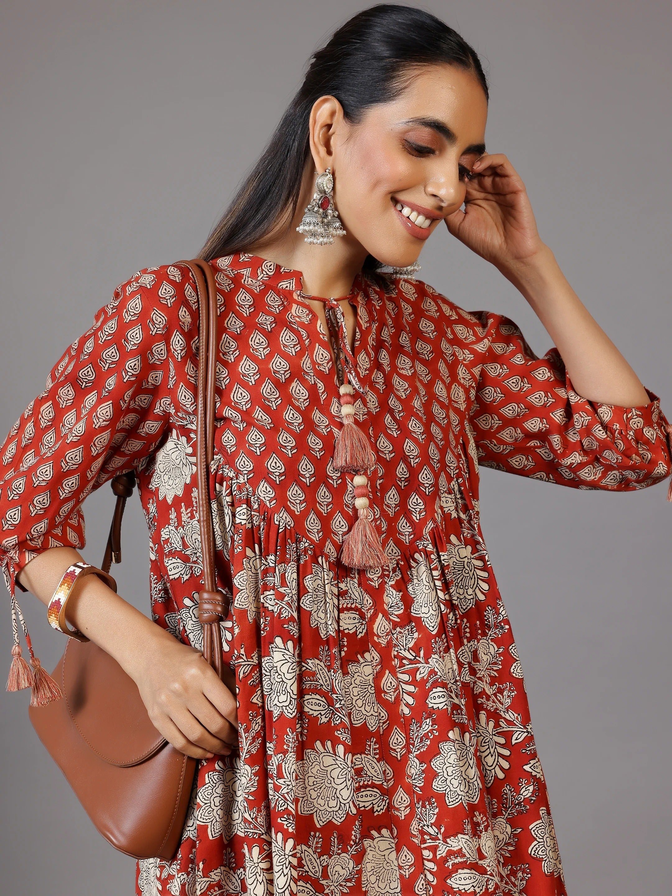 Rust printed Tie-up cotton kurti