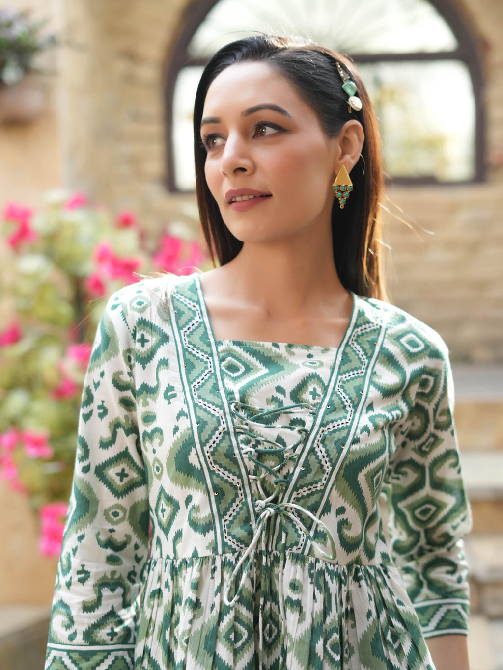 Green Bohemian Ikat Tunic Top