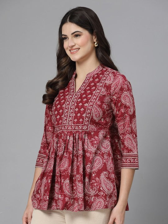 Ethnic motfis printed collar peplum top