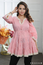 BOHO BLOOM TUNIC PRETTY PINK COTTON MUL TIERED TUNIC TOP WITH LACE TRIMS