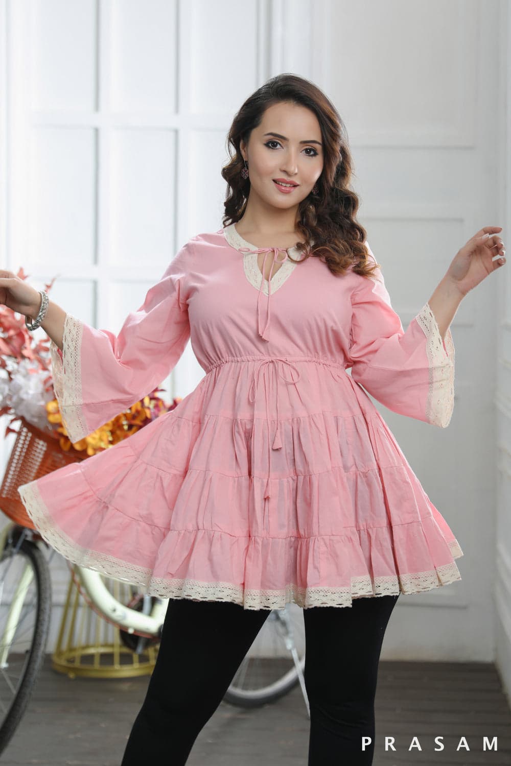 BOHO BLOOM TUNIC PRETTY PINK COTTON MUL TIERED TUNIC TOP WITH LACE TRIMS