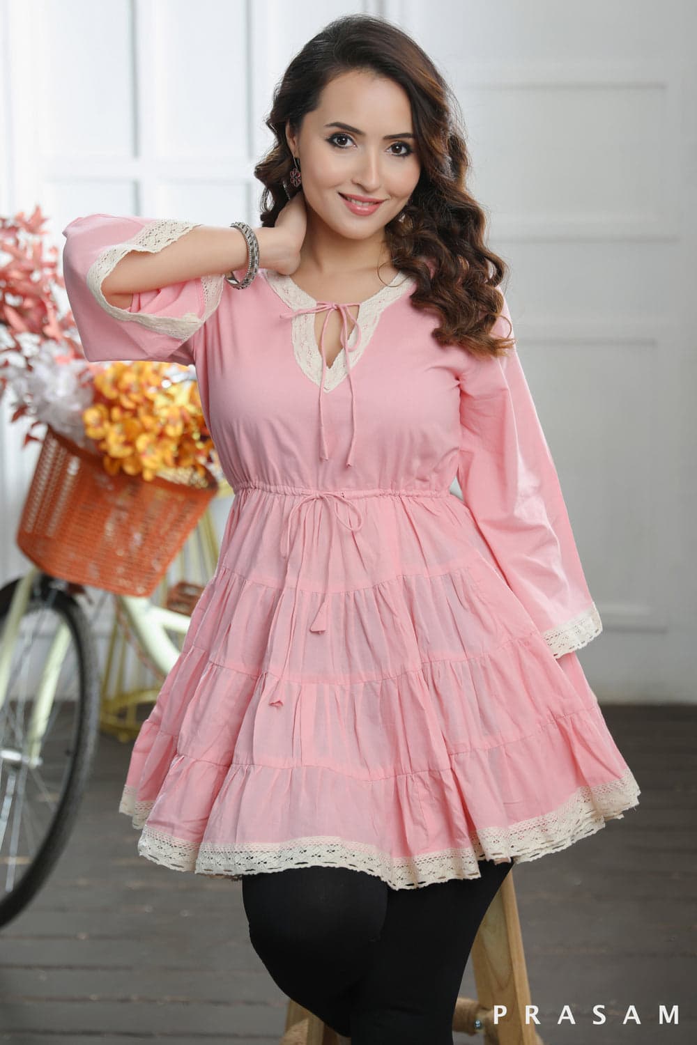 BOHO BLOOM TUNIC PRETTY PINK COTTON MUL TIERED TUNIC TOP WITH LACE TRIMS