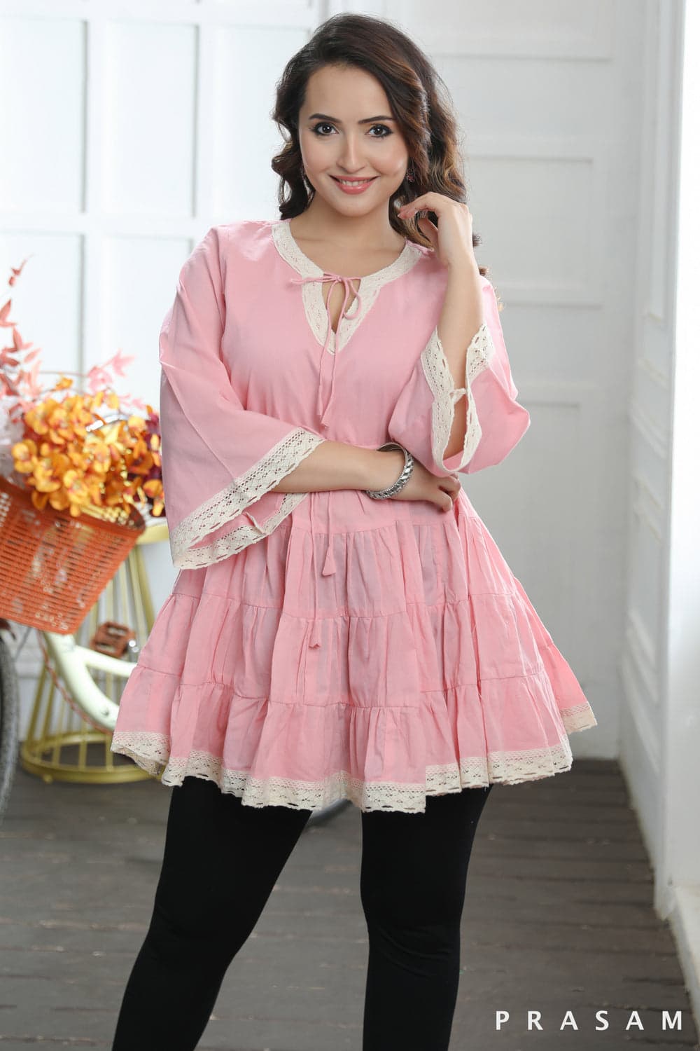 BOHO BLOOM TUNIC PRETTY PINK COTTON MUL TIERED TUNIC TOP WITH LACE TRIMS