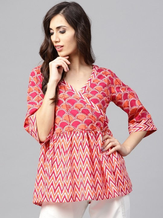 Reddish-pink V-neck tunic tops