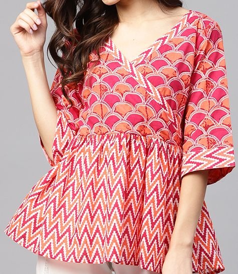 Reddish-pink V-neck tunic tops