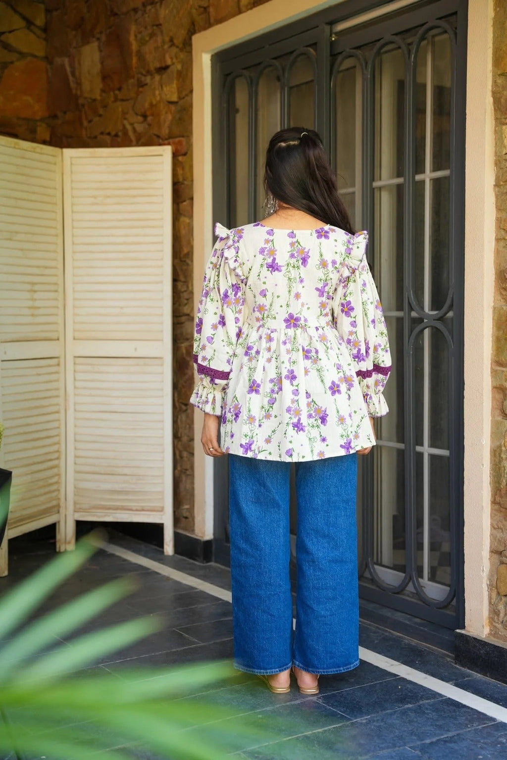 White and Purple Printed Tops