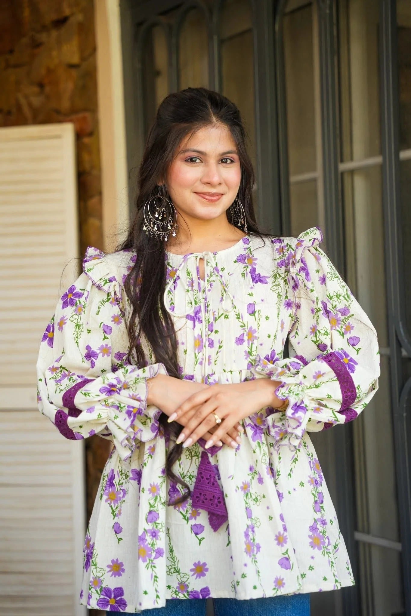 White and Purple Printed Tops