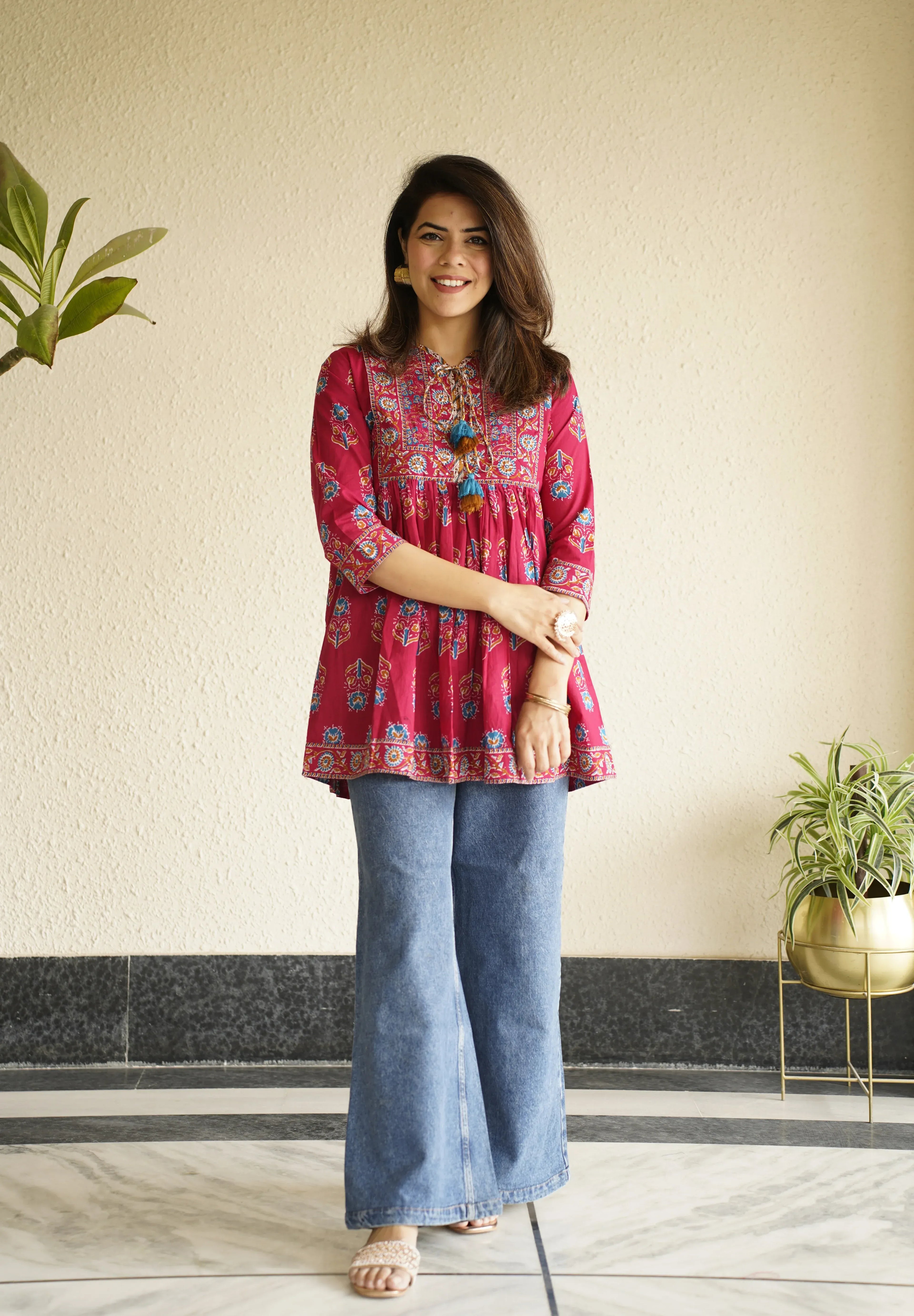 Pink Floral Printed Pure Cotton Tops