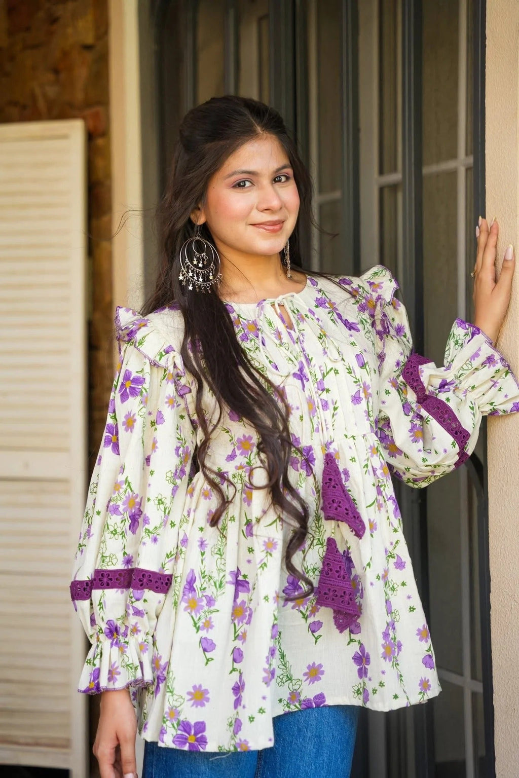 White and Purple Printed Tops