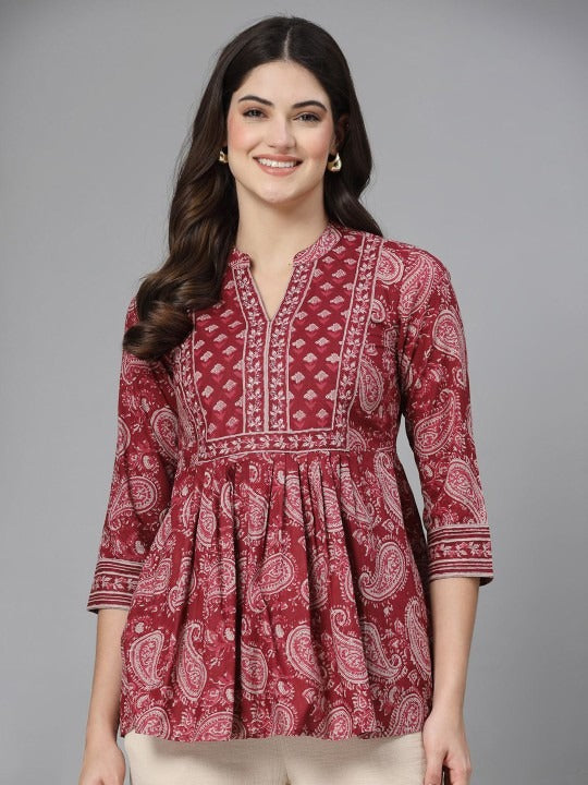 Ethnic motfis printed collar peplum top